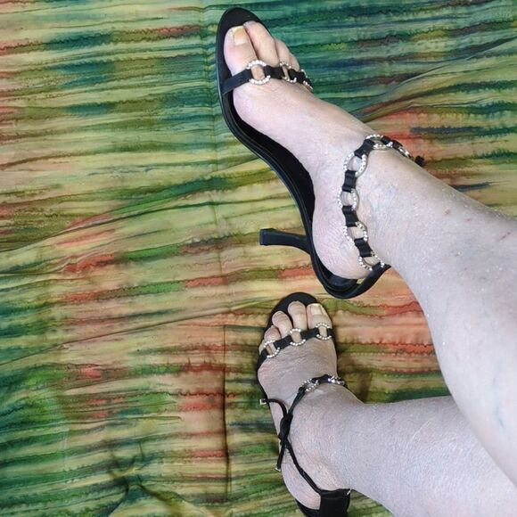 Vintage 90s Enzo Angolini Satin and Rhinestone Strappy Heels - Picture 8 of 16